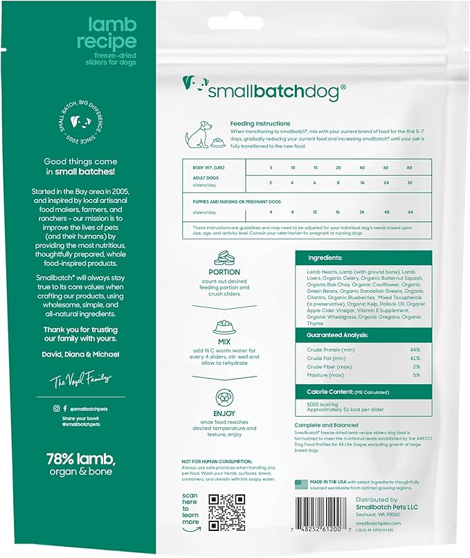 smallbatch Pets Freeze Dried Raw Dog Food, Lamb Recipe, 14 oz, Organic High Protein Dog Food, Grain Free, Made in the USA, Humanely Raised Meat, Single Protein, for Picky Eaters, Hydrate & Serve