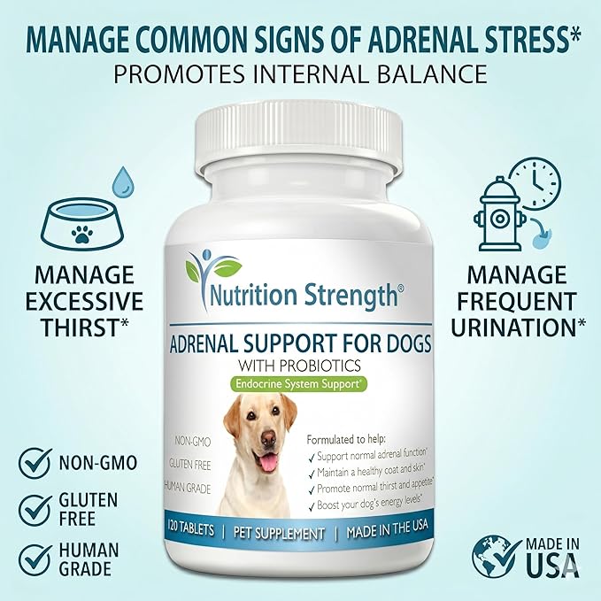 Adrenal Support for Dogs, Support for Dogs with Cushing's Disease, Maintain a Healthy Coat and Skin, Promote Normal Urination, Thirst and Appetite, 120 Chewable Tablets