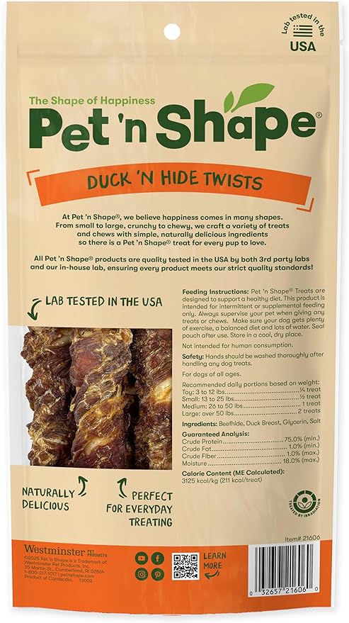 Pet 'n Shape Duck 'n Hide Twist - Duck Wrapped Rawhide Natural Dog Treats, Large, 6 Count