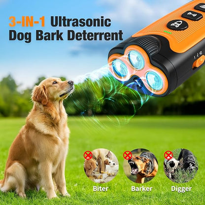 Dog Bark Deterrent Devices, 3X Ultrasonic Anti Barking Device for Dogs, 50 FT Range Stop Neighbors Dog Barks, Portable Dog Training Tool with Flashlight, Safe & Humane for Indoor Outdoor Use, Orange