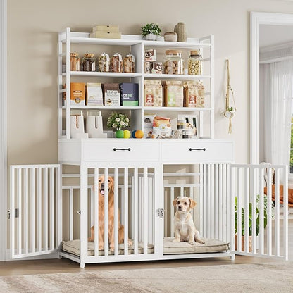 Keyluv 71''H x 47.2''W Large Dog Crate Furniture with 4-Tier Shelves and 2 Storage Drawers, Heavy Duty Dog Cage Furniture with 2 Doors, Wood & Metal Dog Kennel Indoor for Small/Medium/Large Dog, White