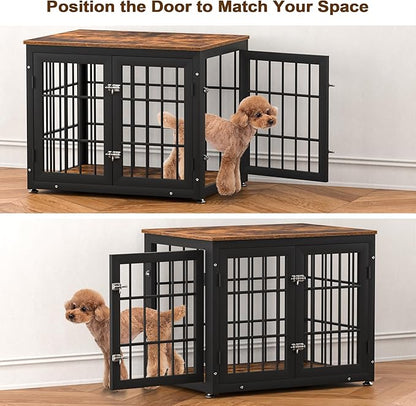 rehomerance 32 Inch Heavy Duty Dog Crate Furniture for Medium and Small Dogs, Decorative Pet House End Table, Wooden Cage Kennel Furniture Indoor, Rustic Brown