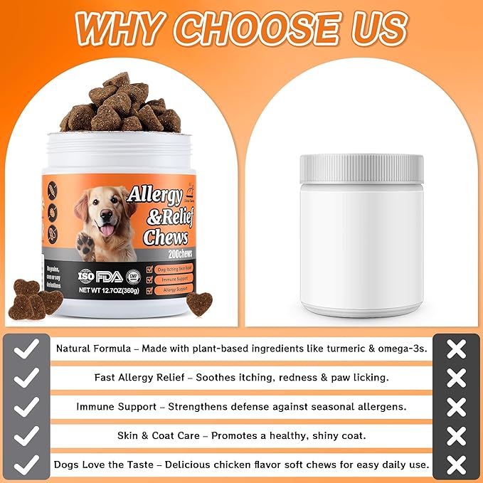 Dog Allergy Chews 200PCS – Supports Skin & Coat Health – Helps Reduce Mild Itching & Scratching – Immune & Allergy Support – with Probiotics & Borage Oil
