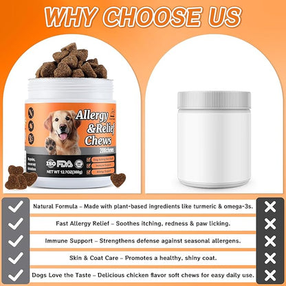Dog Allergy Chews 200PCS – Supports Skin & Coat Health – Helps Reduce Mild Itching & Scratching – Immune & Allergy Support – with Probiotics & Borage Oil