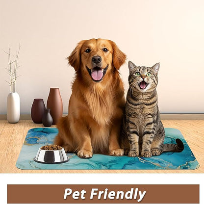 Marble Dog Cat Food Mat,Blue Teal Turquoise Gold Absorbent Pet Feeding Mat with Rubber Backing,Non-Slip Water Bowl Placemat,Indoor Pet Accessories Supplies 16"x24"