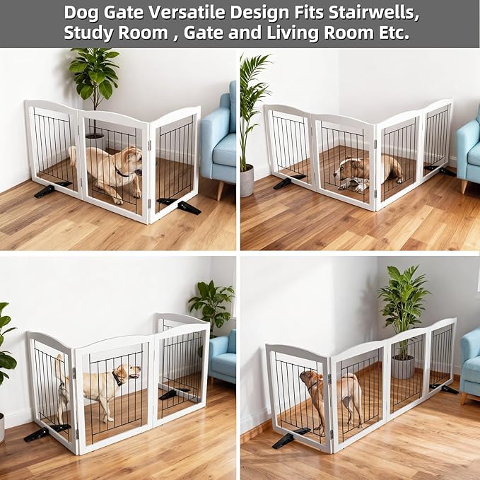 ZJSF Freestanding Dog Fence Indoor, Foldable Dog Gate for Doorways, Stairs or Hallways, Sturdy Wood Extra Wide Pet Gate with Support Feet for The House, White, 24 "Height-3 Panels