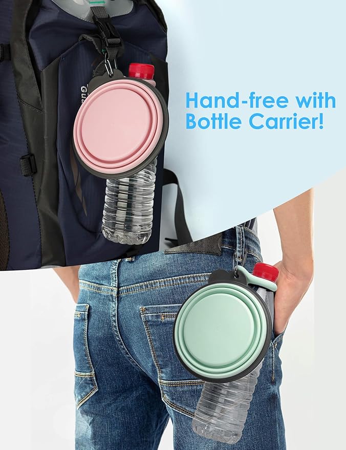 Aonkey Collapsible Dog Bowls with Bottle Carrier, 2 Pack Travel Dog Water Bowl Upgraded Carabiner, One-piece Molded Rim No Fall Off or Crack, Foldable Silicone Portable for Pets Walking Hiking 37oz