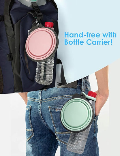 Aonkey Collapsible Dog Bowls with Bottle Carrier, 2 Pack Travel Dog Water Bowl Upgraded Carabiner, One-piece Molded Rim No Fall Off or Crack, Foldable Silicone Portable for Pets Walking Hiking 15oz