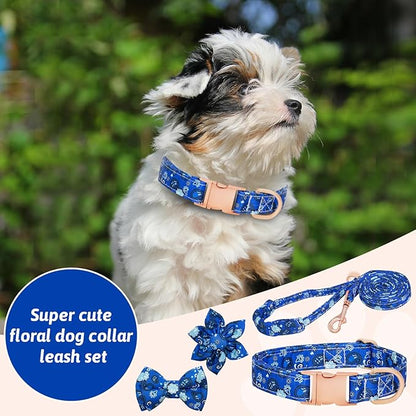 Dog Collar and Leash Set Girls Adjustable Puppy Collars with Floral Bow Tie for Small Medium Large Female Dogs, BluePaisley, M