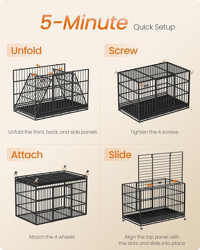 Feandrea Heavy-Duty Dog Crate, 5-Minute Quick Assembly, Foldable Dog Kennel Cage with Lockable Wheels, Double Doors, Escape Proof Fixed Bottom, Removable Tray, Easy to Clean, Ink Black, 37 Inch