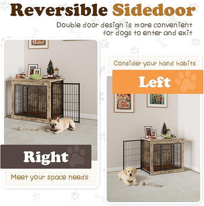 Dog Crate Furniture with Thick Cushion, Side End Table Wooden Dog Cage with Double Doors, Chew-Resistant Dog Kennel Dog House Indoor for Small to Large Dog