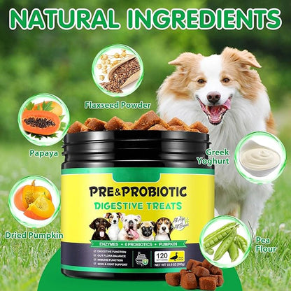 Dog Probiotic Chews, Duck Flavor Chewable Tablets for Dogs, Gut Health & Digestive Support with Probiotics & Prebiotics, Helps with Occasional Loose Stool, Gas & Sensitive Stomach, for All Breeds