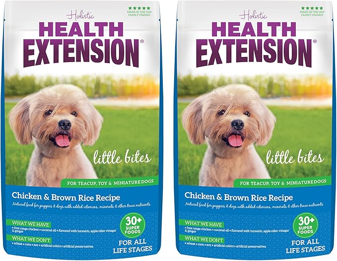 Health Extension Little Bites Dry Dog Food for Toy and Small Breeds, Chicken & Brown Rice Recipe, with Probiotics & Superfoods for Digestion & Coat Health, 1 lb Bag (Pack of 2)