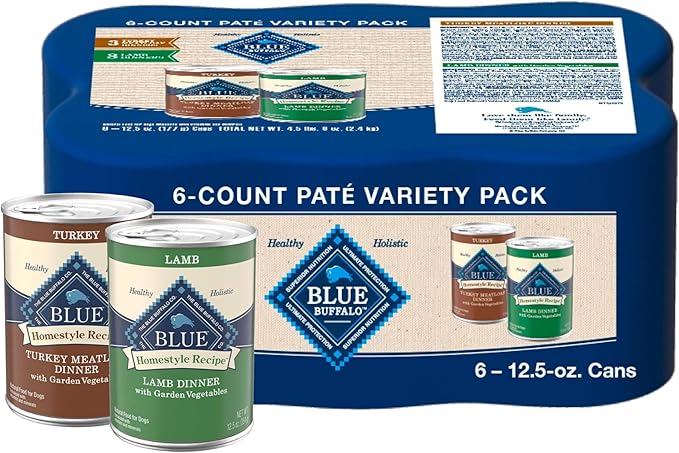 Blue Buffalo Homestyle Recipe Adult Wet Dog Food, Made with Natural Ingredients, Turkey and Lamb Dinner Variety Pack, 12.5-oz Cans (6 Count, 3 of Each)