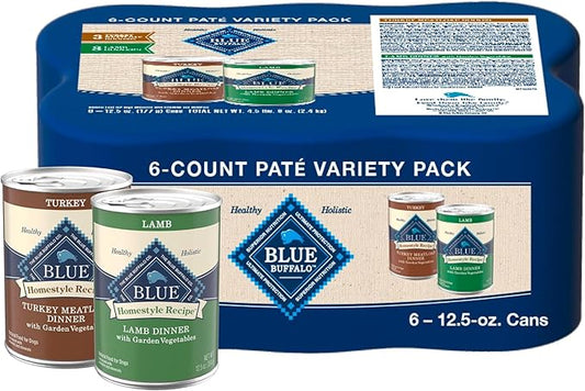 Blue Buffalo Homestyle Recipe Adult Wet Dog Food, Made with Natural Ingredients, Turkey and Lamb Dinner Variety Pack, 12.5-oz Cans (6 Count, 3 of Each)