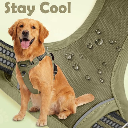 Funfox Dog Harness No Pull, Adjustable Pet Vest Harness, Super Soft Material with Vertical Handle Easy Control, Reflective Night Walking, 2 Leash Clips for XLarge Dogs, Army Green, XL