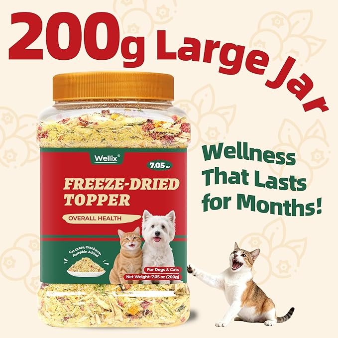 Wellix Pet Freeze Dried Treats for Cats&Dogs - High Protein Cat&Dog Food Topper 3 Ingredients Added (Cat Grass/Cranberry/Pumpkin) for Puppy or Kitten Treat 7.05oz