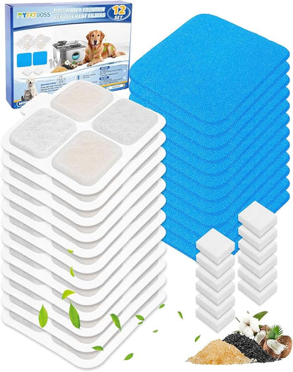 12 Set Dog Water Filter Replacement Compatible with oneisall PW07SAU 10L/2.64Gal, Dog Water Fountain Filter Fit for oneisall, Multilayer Filtration System 12Pre-Filter+12 Filters+12 Sponges