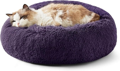 Bedsure Calming Cat Beds for Indoor Cats - Small Cat Bed Washable 20 inches, Anti-Slip Round Fluffy Plush Faux Fur Pet Bed, Fits up to 15 lbs Pets, Purple
