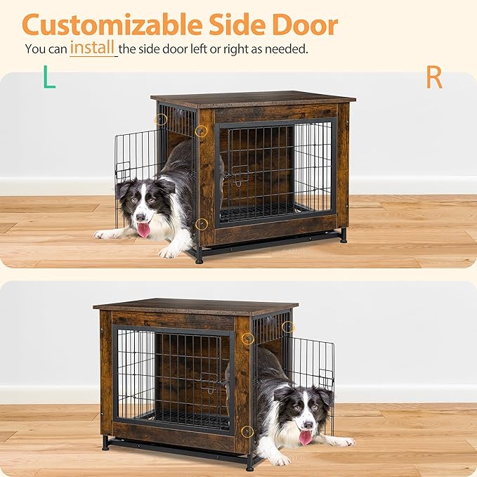Shintenchi Wooden Dog Crate Furniture for Large Breed, L Double-Door Kennel Indoor with Removable Tray, End Table L Dog Crate for Decoration, 38.6" L, Brown