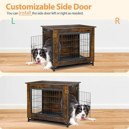 Shintenchi Wooden Dog Crate Furniture for Large Breed, L Double-Door Kennel Indoor with Removable Tray, End Table L Dog Crate for Decoration, 38.6" L, Brown