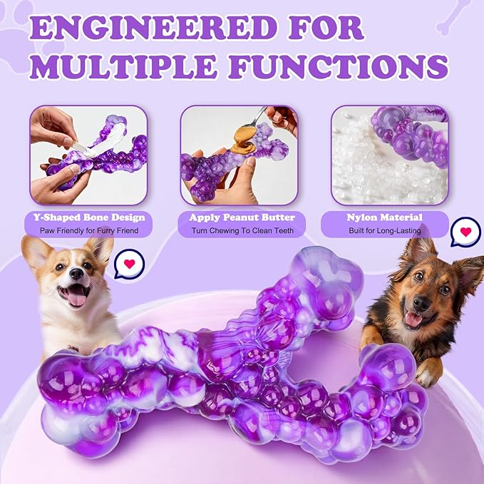 3Pack Dog Chew Toys for Aggressive Chewers, Indestructible Interactive Dog Chew Nylon Bone Toys for for Medium Large Breed 15-60lbs, Teething Toy to Keep Them Busy, Bacon Flavor (Purple)