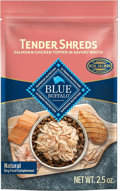 Blue Buffalo Tender Shreds Salmon & Chicken Toppers in Savory Broth, Natural Dog Food Complement, Salmon & Chicken, 2.5-oz. Pouch, 24-Count