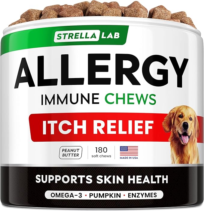 StrellaLab Dog Allergy Relief & Anti Itch Support Chews w/Omega 3: Real Ingredients, Real Taste! Skin & Coat Immune Supplement w/Fish Oil, Pumpkin & Enzymes — Developed by Experts - Made in USA -180Ct