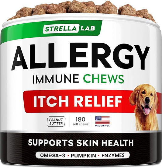 StrellaLab Dog Allergy Relief & Anti Itch Support Chews w/Omega 3: Real Ingredients, Real Taste! Skin & Coat Immune Supplement w/Fish Oil, Pumpkin & Enzymes — Developed by Experts - Made in USA -180Ct