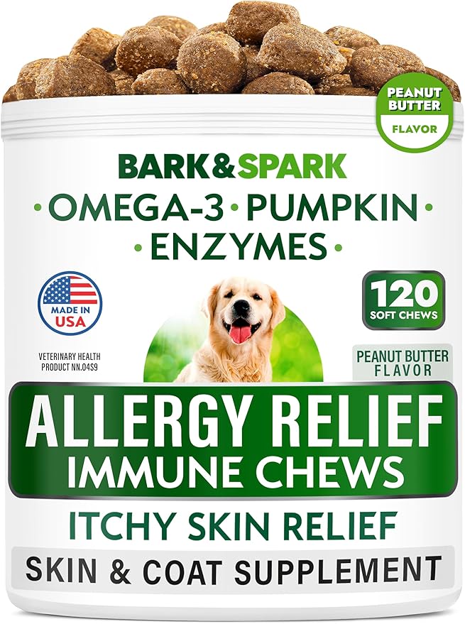 BARK&SPARK Dog Allergy Relief Soft Chews for Skin Health & Seasonal Allergies - Anti-Itch Supplement w/Omega-3, Quercetin & Bromelain Immune Treats for Dry Skin & Hot Spots - Peanut Butter - 120ct