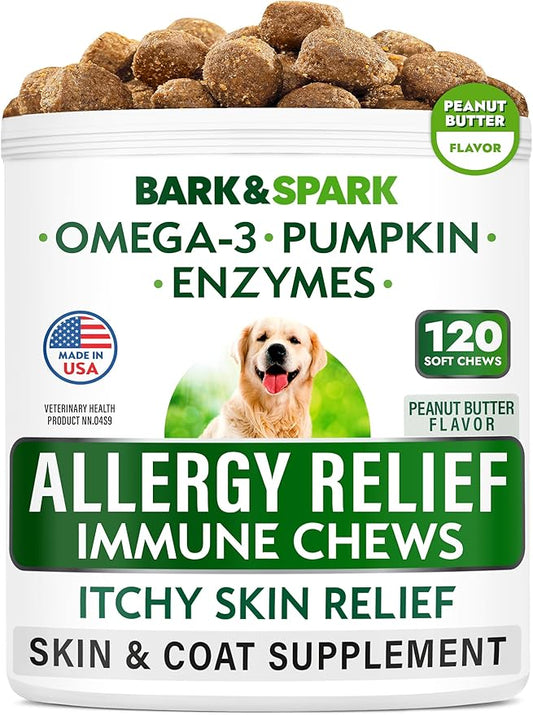 BARK&SPARK Dog Allergy Relief Soft Chews for Skin Health & Seasonal Allergies - Anti-Itch Supplement w/Omega-3, Quercetin & Bromelain Immune Treats for Dry Skin & Hot Spots - Peanut Butter - 120ct