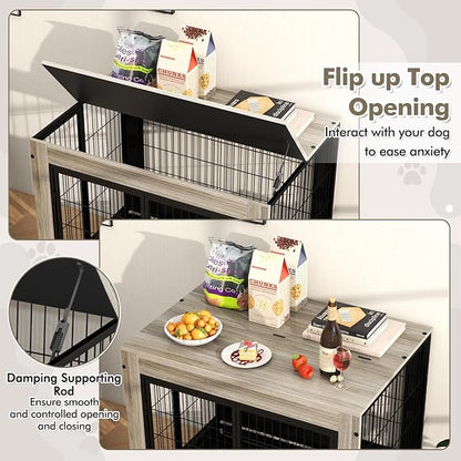 Giantex Dog Crate Furniture with Wheels, 38" Modern Dog Cage with 3 Doors, Flip Top Lid, Removable Pull-Out Tray, Decorative Dog Kennel Indoor Pet House End Table for Medium & Large Dogs (Oak Gray)