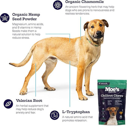 Moe’s Calming Chews for Dogs 90ct – Natural Anxiety Relief with Hemp, Chamomile, and Tryptophan – Calming Dog Treats for Separation, Fireworks, Travel and Storms (Peanut Butter)