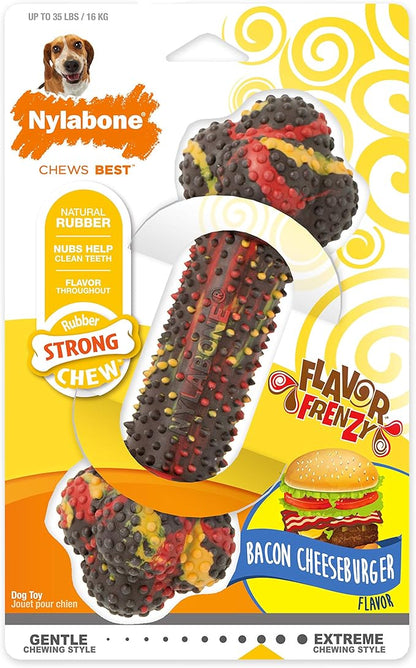 Nylabone Double Action Bone Strong Chew Toy for Dogs, Rubber Dog Toys for Moderate & Aggressive Chewers, Bacon Cheeseburger, Medium - Up to 35 lbs, 1 Count