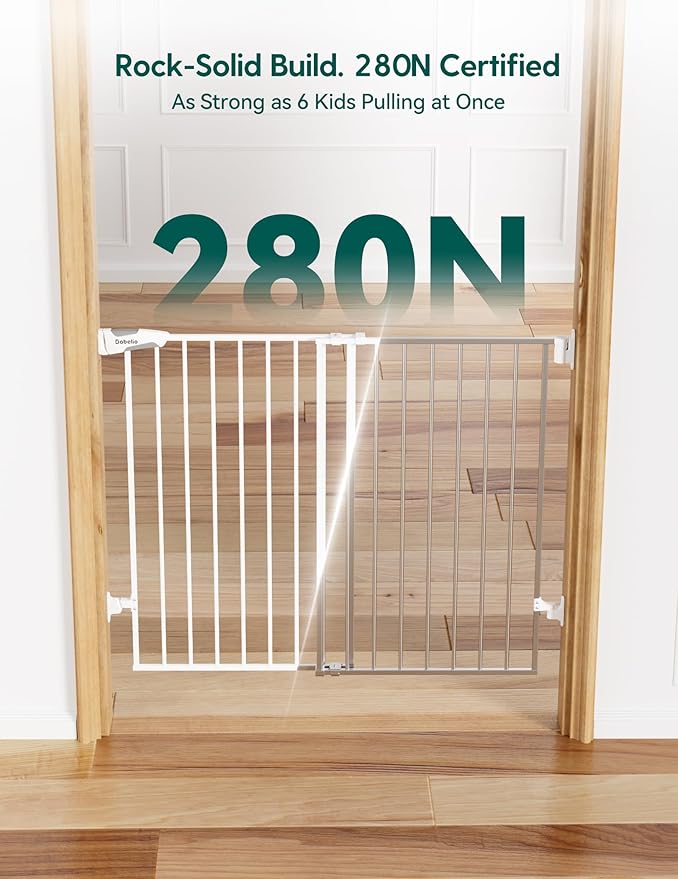 Babelio Baby Gate for Stairs, Kitchen & Doorways, No Bottom Bar| Easy Installation| One-Handed Operation| Auto-Close| Hardware Mount (Drill Needed) Safety Dog Gate (White - B17, 34" H, 29-49" W-Wide)