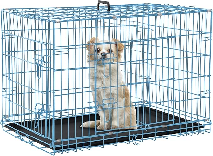 Dog Crate Dog Kennel Cage for Small Dogs, 24" Portable Foldable Indoor Outdoor Large Double Door Wire Metal Puppy Cat Pet Dog Cage with ABS Tray LC & Divider, Blue