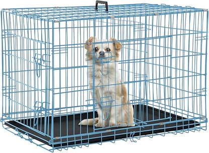 Dog Crate Dog Kennel Cage for Small Dogs, 24" Portable Foldable Indoor Outdoor Large Double Door Wire Metal Puppy Cat Pet Dog Cage with ABS Tray LC & Divider, Blue