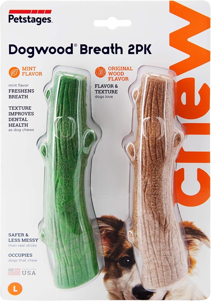 Pupstages by Petstages Dogwood Breath Dog Chew Toy – Real-Wood Blend, Moderate Chewers, Large, 8", 2-Pack (Natural & Mint Flavors)