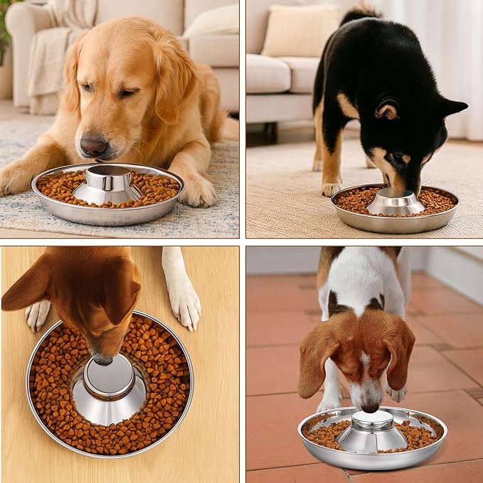 4 Pcs Stainless Steel Puppy Bowls, 10.2 Inch Silver Multiple Puppy Feeding Station, Non Skid Dog Food and Water Bowls for Weaning, Litter Feeding, and Slow Feeder Use