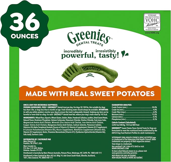 Greenies Dog Treats, Veterinarian-Recommended Natural Dental Dog Treats, Large Size, Sweet Potato Flavor, 36 oz. Pack, 24 Count