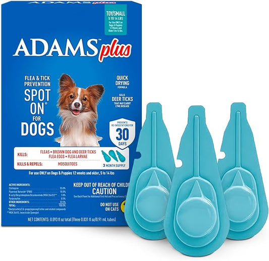 ADAMS Plus Flea & Tick Prevention Spot On for Dogs, Toy/Small Dog, Kills Fleas & Ticks (Brown Dog/Deer Ticks), Kills and Repels Mosquitoes, Prevents Flea Infestations, 3-Month Supply, 3 Pack