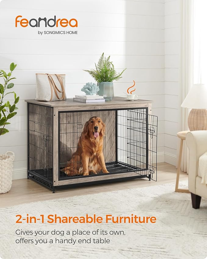 Feandrea 44.1" Dog Crate Furniture, Indoor Dog Cage Side End Table, XL Pet Wood Kennel for Large and Medium Dogs up to 80 lb with Multi-Purpose Removable Tray, Double-Door Pet House, Greige