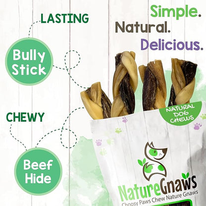 Nature Gnaws Braided Gnaws for Dogs 5-6" (12 Count) - Long Lasting for Small and Medium Dogs - Natural Beef Bully Stick Combo Braids - Rawhide Free
