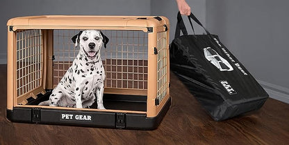 Pet Gear “The Other Door” 4 Door Steel Crate for Dogs/Cats with Garage-Style Door, Includes Plush Bed + Travel Bag, No Tools Required, Sand Dune, 42 Inch