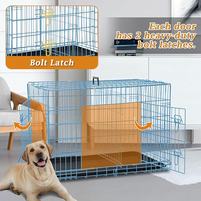 Dog Crate Dog Kennel Cage 42” Portable Foldable Indoor Outdoor Large Double Door Wire Metal Puppy Cat Pet Dog Cage with ABS Tray LC & Divider, Blue