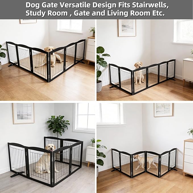 ZJSF Freestanding Dog Fence Indoor, Foldable Dog Gate for Doorways, Stairs or Hallways, Sturdy Wood Extra Wide Pet Gate with Support Feet for The House, Black, 32 "Height-6 Panels