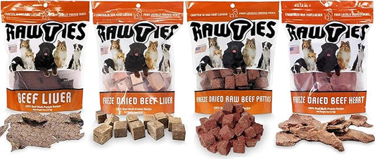 Premium Freeze-Dried Variety Pack - Beef Liver, Heart, Patties and Liver for Dogs – 100% USA-Sourced Raw Meat Dog Food – Grain-Free, High Protein Nutrition for Small & Large Breeds