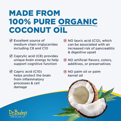 Dr. Buzby’s Brain Boost Organic MCT Oil for Dogs, 16 Oz Human Grade MCTs C8, C10, Senior Dog Dementia, Made from Pure Organic Coconut Oil, Medium Chain Triglyceride Liquid Dog Supplement