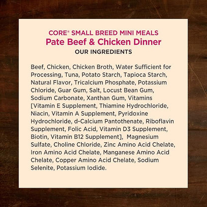 Wellness CORE Small Breed Mini Meals Pate Adult Wet Dog Food, Grain Free, Natural, Beef and Chicken Dinner Recipe, 3 oz, Pack of 12 Pouches