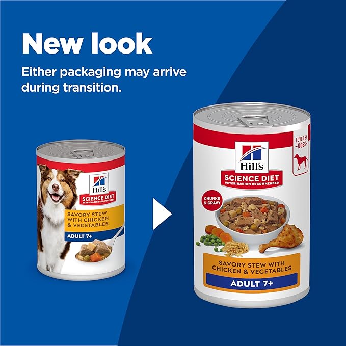 Hill's Science Diet Adult 7+ Senior Wet Dog Food, Savory Stew with Chicken & Vegetables in Gravy, 12.8 oz. Cans, 12-Pack